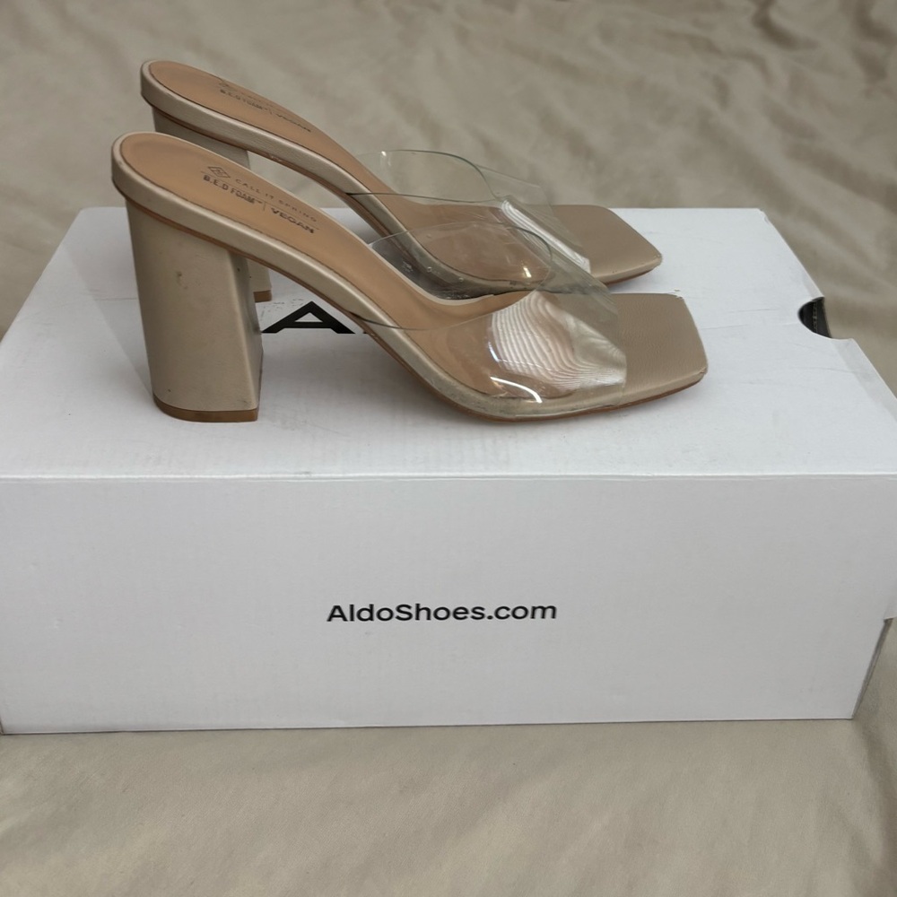 Call It Spring Tan and Clear Block Heel Sandals